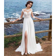 O Neck 3/4 Long Sleeves Lace Chiffon Sexy Leg Open Marriage Wedding Dress for The Beach